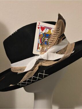 Black Fedora Hat with Feather & Playing Card Accent
